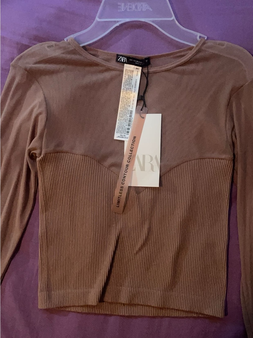 Zara Tan Long-Sleeve Ribbed Crop Top